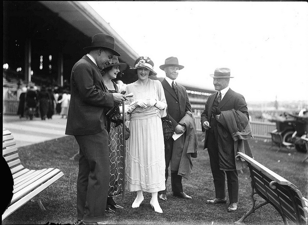 A day at the races: (right to left) Captain Edward Robert Sterling, his son Ray Milton Sterling and Australian daughter-in-law Ethel May Sterling, with unidentified friends, c 1918.
