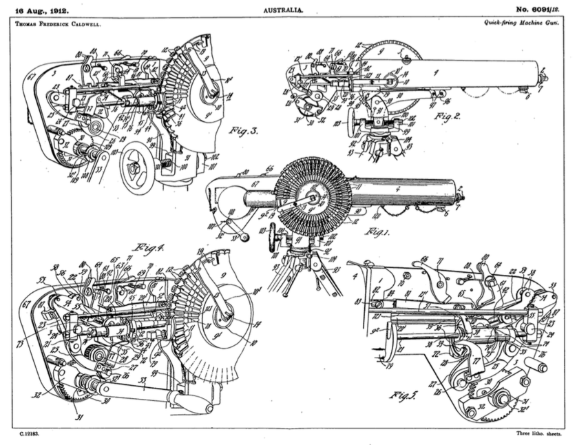 Caldwell machine gun patent drawings