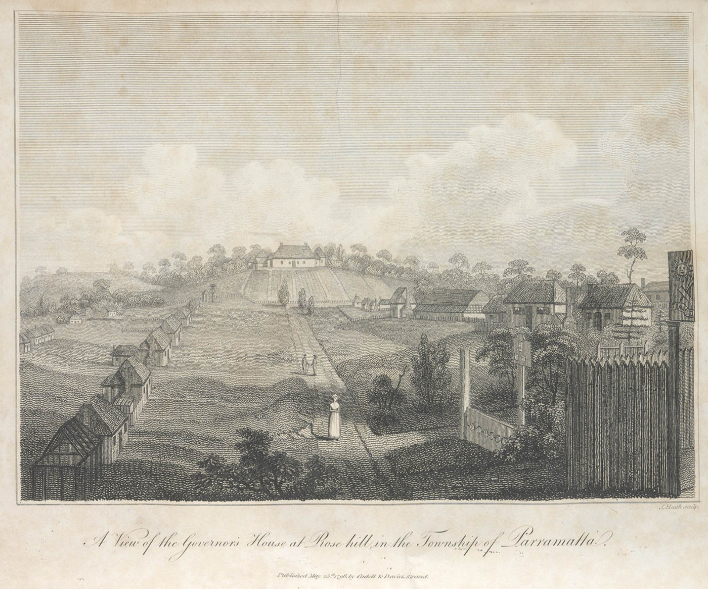 Punishment stocks are visible to the right in this view of the Governor’s house at Rose Hill in Parramatta c1798, State Library of NSW