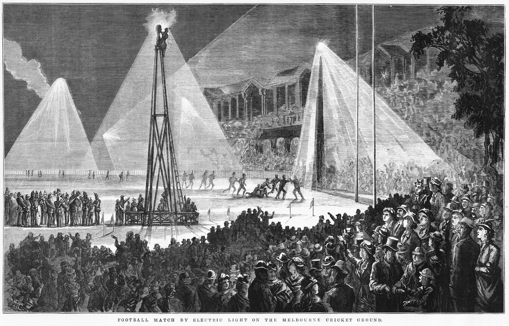 Football match by electric light on the Melbourne cricket ground, David Syme & Co, monogram by James Waltham Curtis, published in The Illustrated Australian News 30 August 1879, State Library of Victoria