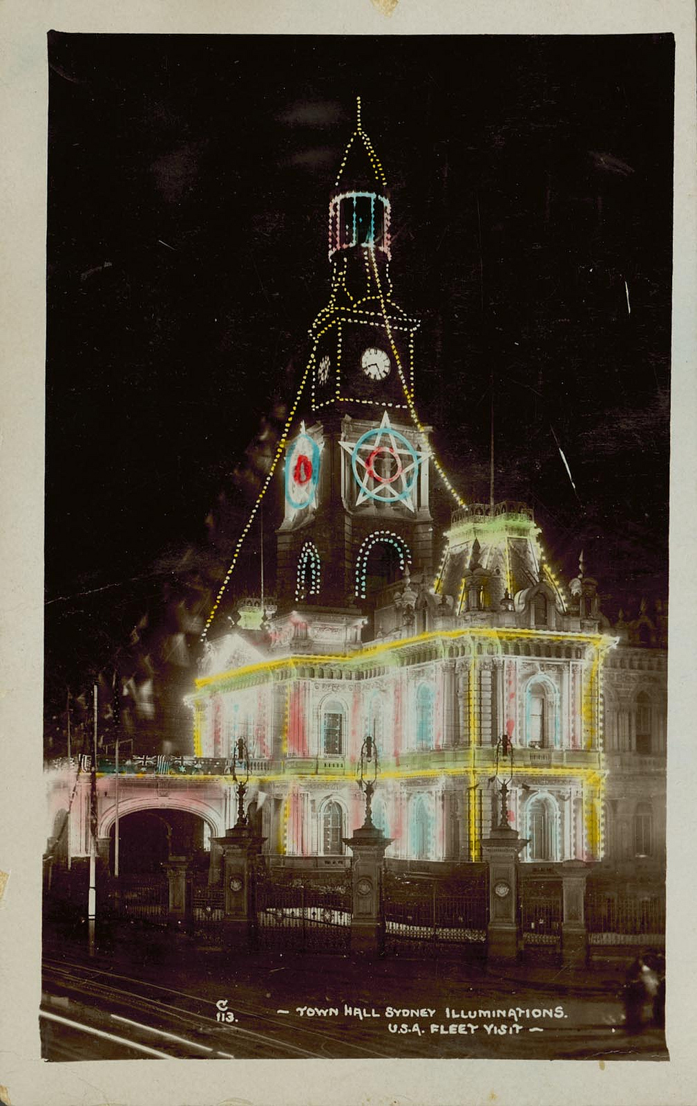 Sydney Town Hall illuminated, 1908, Australian National Maritime Museum 