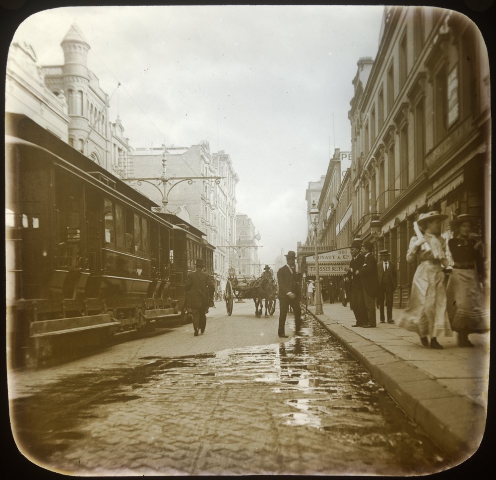 Pedestrians and tram on George Street c 1910