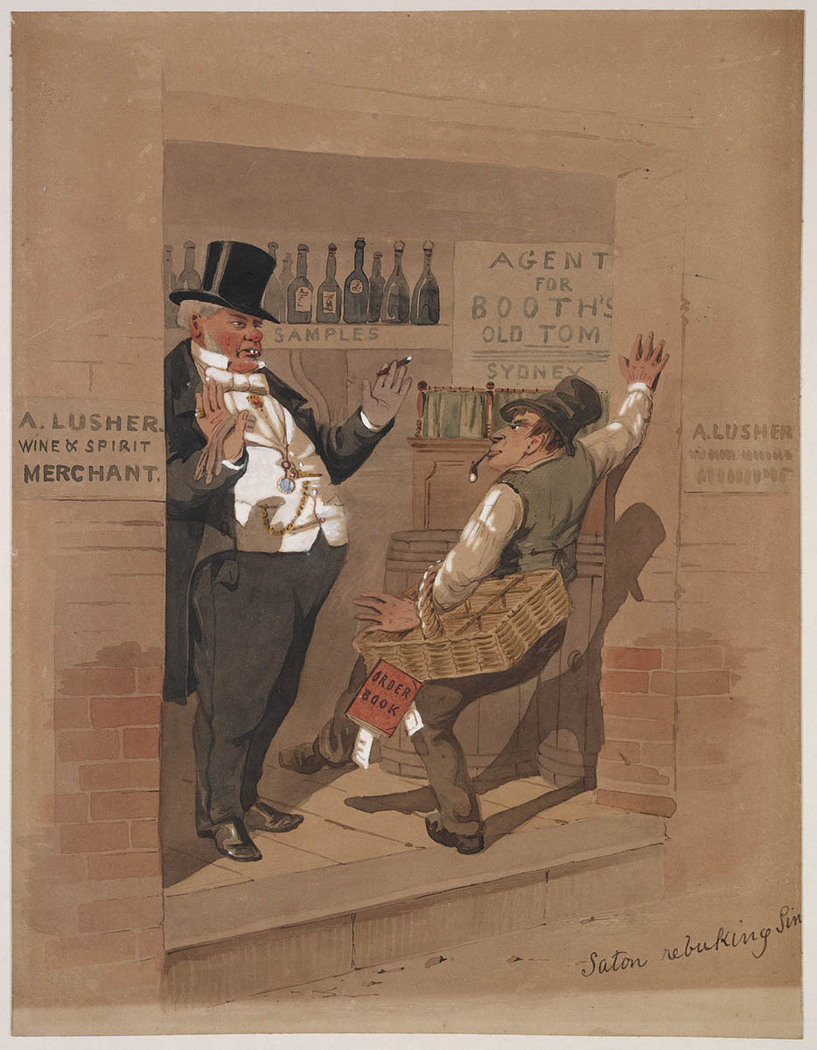Moralistic cartoon implies alcohol consumption is a problem confined to the lower orders of society, 1862-63, State Library of NSW