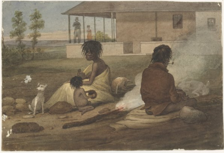 Aboriginal family probably in front of the house of Dr Charles Throsby, at Casula, Augustus Earle, National Library of Australia