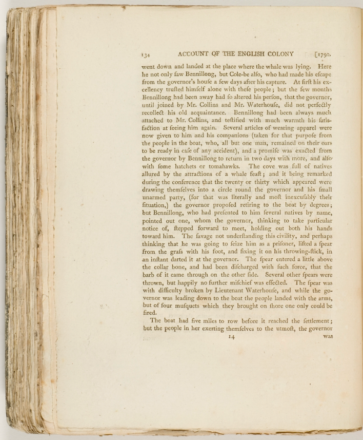Page from Collins’ ‘Account of the English Colony’ describing the spearing of Phillip 